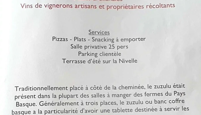 Bar Restaurant Zuzulua -  Menu - Saint-pée-sur-nivelle