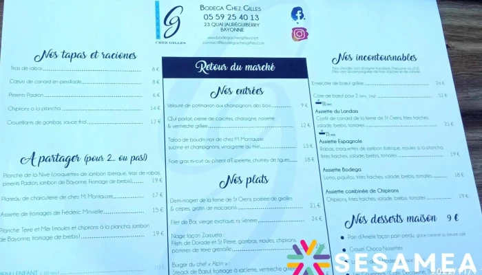 Bodega Chez Gilles -  Menu - Bayonne