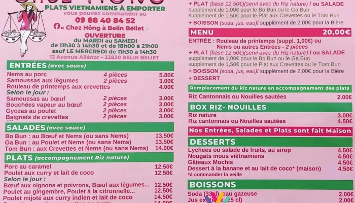 Chez Hong Menu - Belin-béliet