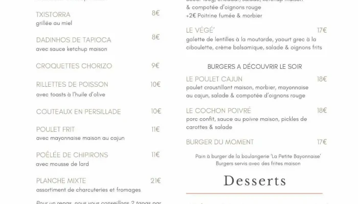 Restaurant Comme Chez Toi Bayonne -  Menu - Bayonne