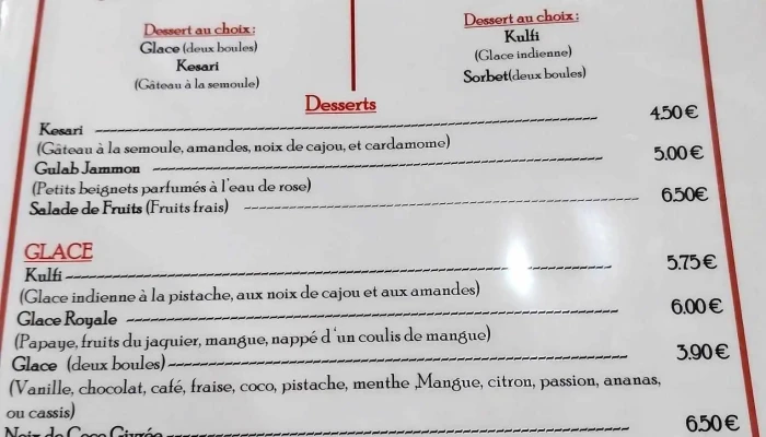 Restaurant Krishna -  Menu - Bergerac