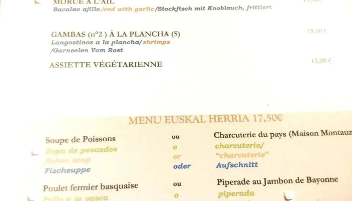Restaurant Le Chistera -  Menu - Bayonne