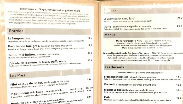 Xaya -  Menu - Saint-jean-de-luz