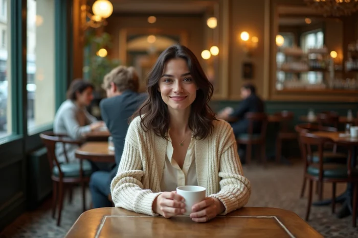 Jeune actrice française assise dans un café parisien traditionnel, ambiance naturelle et détendue