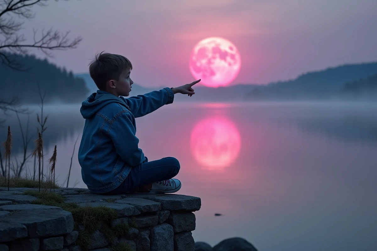 Adolescent regardant la lune rose reflet dans un lac calme