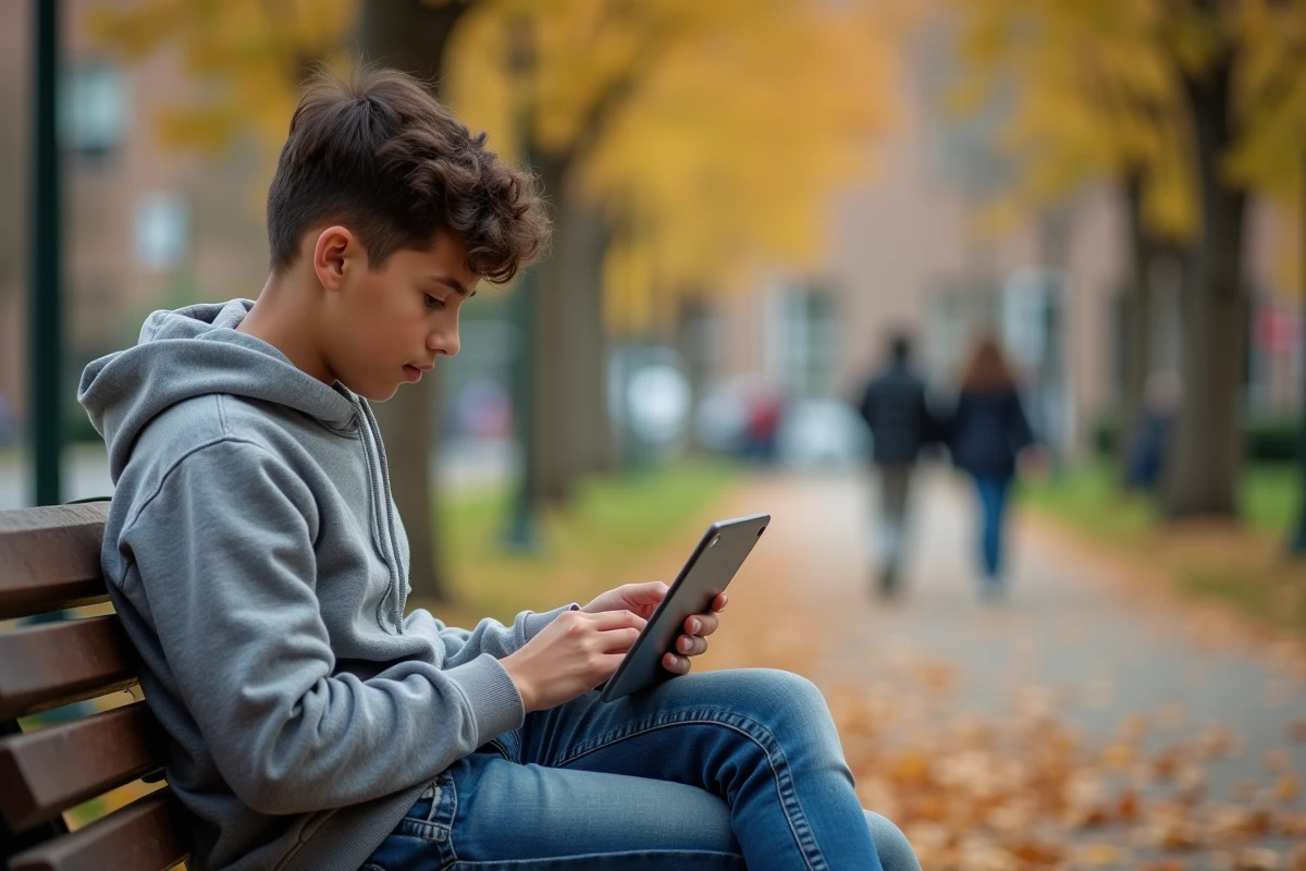 Adolescent utilise tablette dans un parc automne
