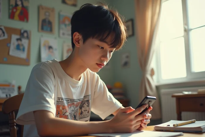 Adolescent consultant son smartphone pour trouver un site de lecture de manga après la fermeture d'Epsilon Scans