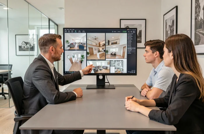 Agent immobilier présentant une visite virtuelle 3D à des acheteurs dans une agence immobilière moderne