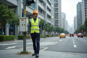 Agent de sécurité urbain près d'un panneau de contrôle de trafic