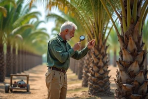 Agriculteur inspectant un palmier pour larves de papillons