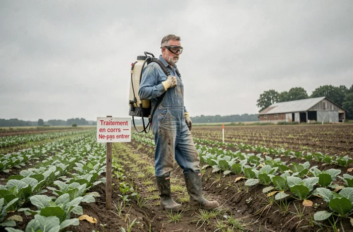Agriculteur équipé de protections en train de traiter des cultures avec un insecticide à la deltaméthrine en plein champ