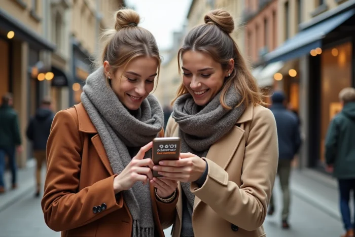Deux femmes consultant le calendrier des soldes Zalando sur smartphone dans une rue commerçante