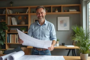 Architecte homme en bureau moderne avec plans et matériaux