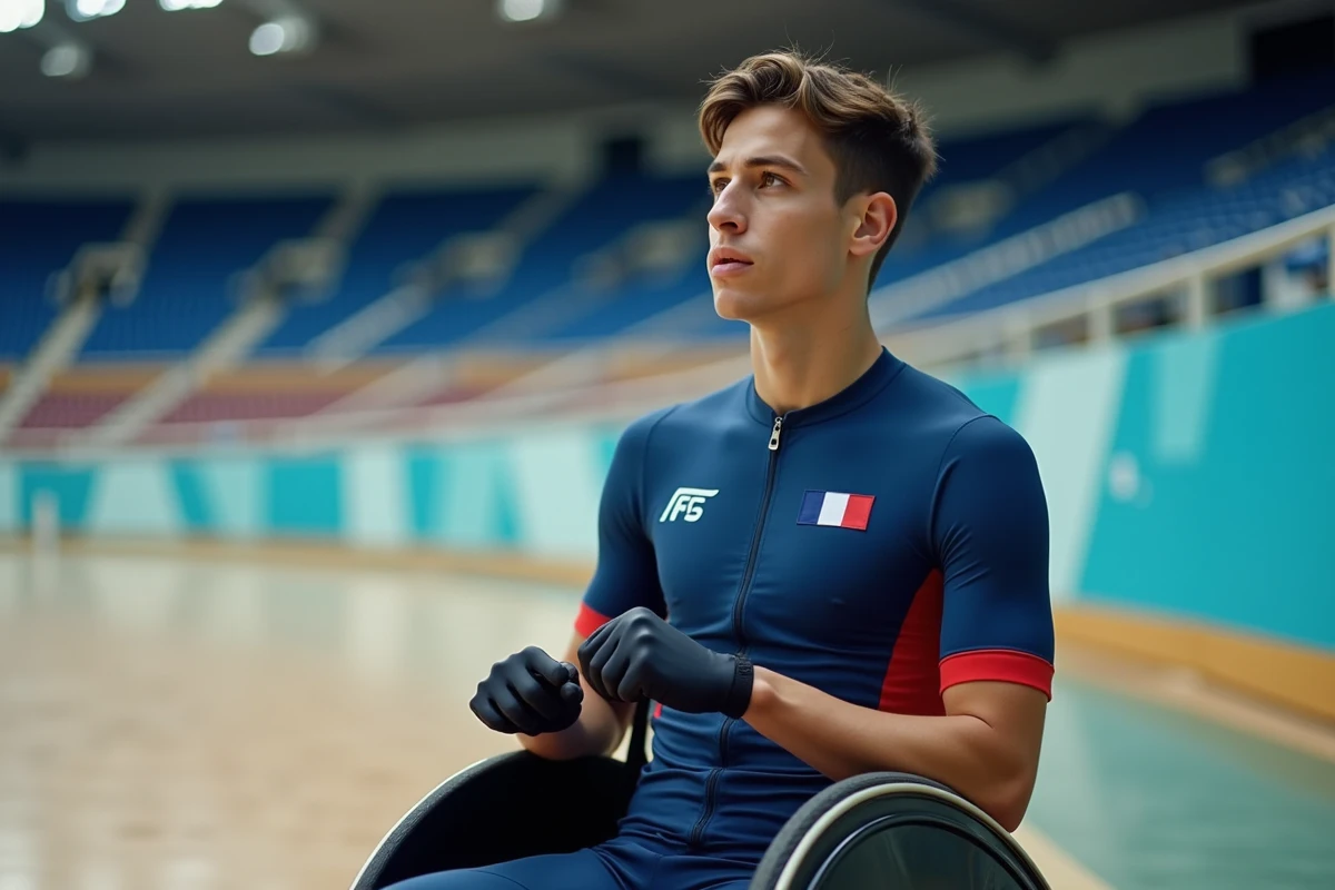 Jeune athlète paralympique en fauteuil dans velodrome intérieur