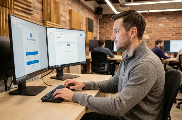 Homme en espace de coworking utilisant une authentification à deux facteurs pour accéder à un extranet professionnel sécurisé