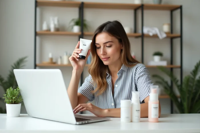 Blogueuse beauté analysant des produits Nocibé sur son bureau pour vérifier les pratiques cruelty free