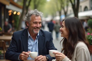 Homme souriant en blazer bleu avec femme au café en ville