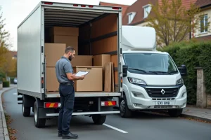 Camion 10 m3 à portes ouvertes avec chargement de cartons et meubles dans une rue résidentielle française