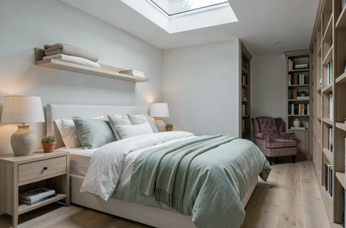 Chambre parentale moderne et apaisante avec literie en coton, bois clair et niche de lecture cosy