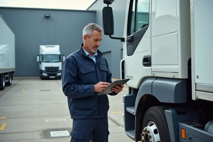 Chauffeur professionnel consultant une tablette devant un camion 10 m3 dans un dépôt logistique