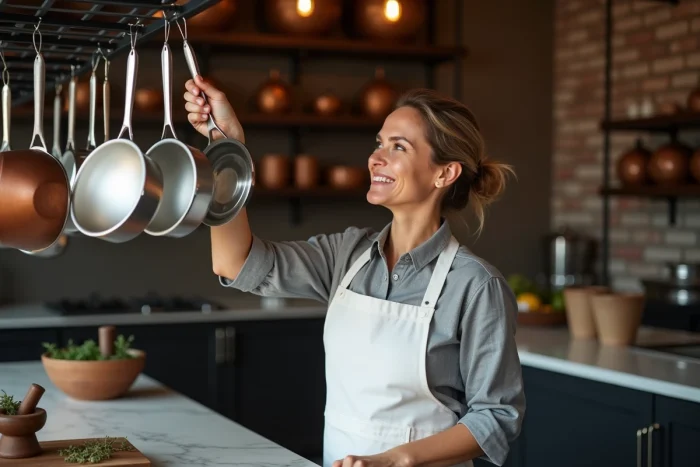 Cheffe cuisinière sélectionnant une casserole en inox parmi une collection de ustensiles suspendus dans une cuisine professionnelle