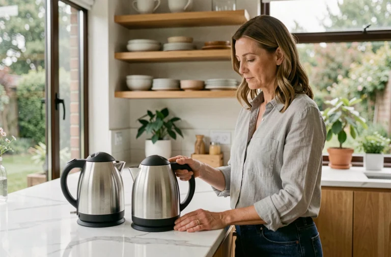 Femme choisissant un équipement électroménager dans une cuisine moderne aux plans de travail en marbre blanc