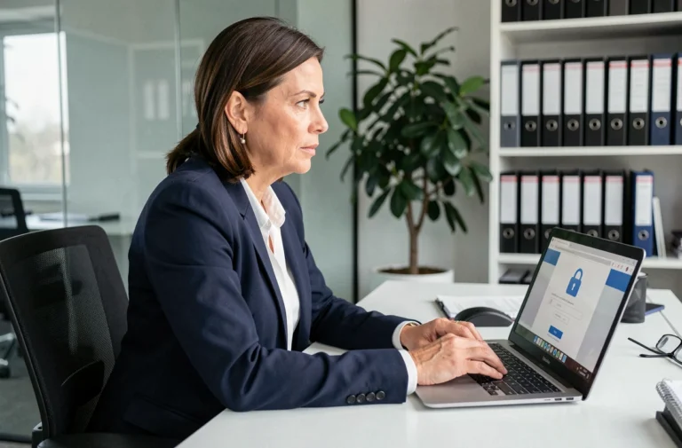 Femme professionnelle se connectant de manière sécurisée à un extranet depuis son bureau avec un ordinateur portable