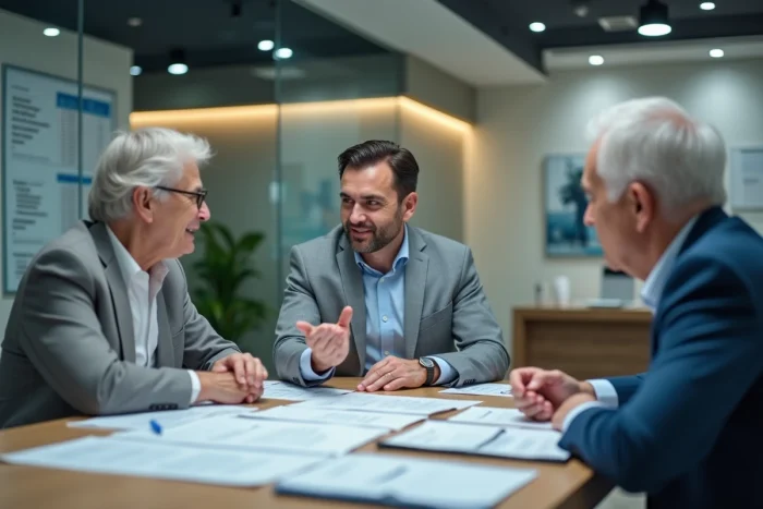 Conseiller financier expliquant les conditions de retrait d'une assurance vie à un couple de retraités en agence bancaire