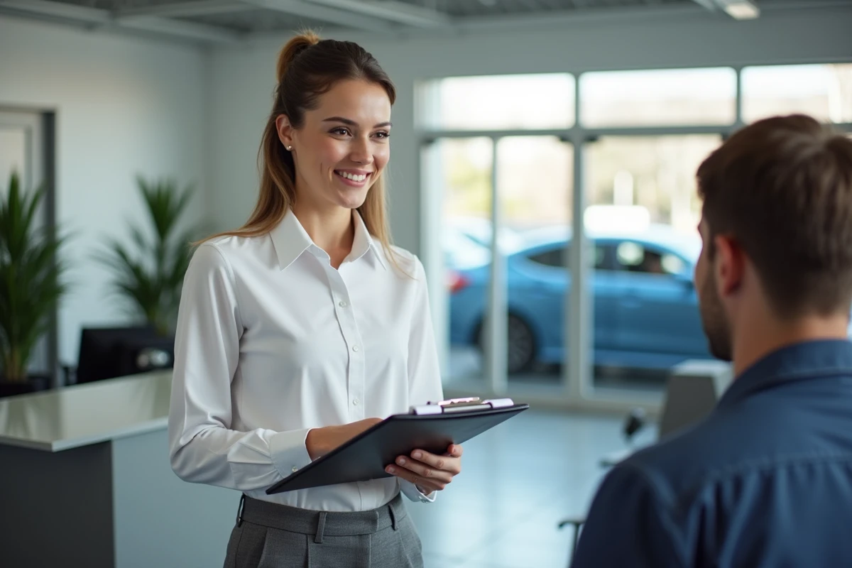 Conseillère service souriante discutant avec un client dans un espace accueillant