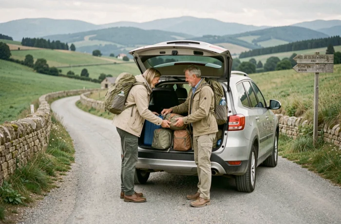 Couple chargeant des bagages dans un SUV de location sur une route de campagne en Europe