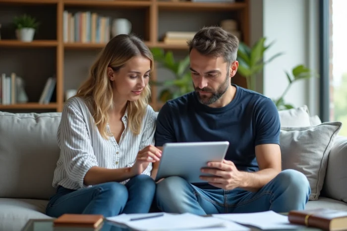 Couple consultant un site de comparaison de prêts en ligne sur une tablette dans leur salon