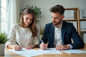 Couple remplissant les documents administratifs pour un mariage civil à domicile