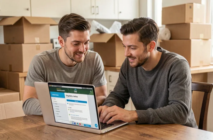 Couple vérifiant les conditions d'éligibilité à la prime d'installation sur un ordinateur portable dans un appartement nouvellement emménagé