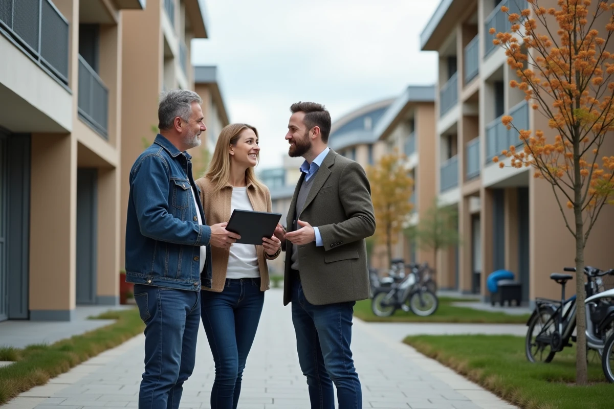 Couple français discutant avec agent immobilier devant bâtiment