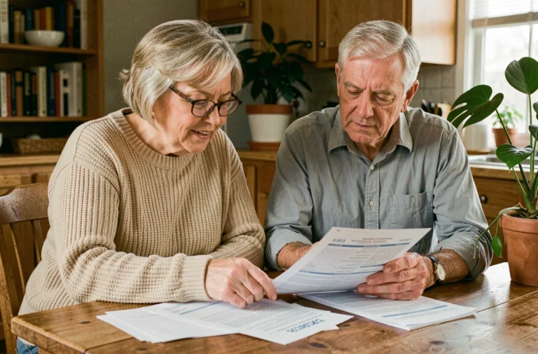Couple de retraités en train d'examiner des documents fiscaux à la table de cuisine, illustrant les avantages de l'abattement fiscal pour les retraités