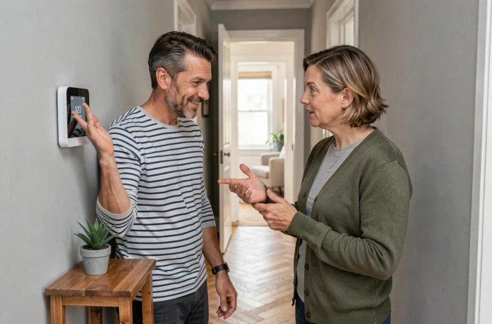 Couple installant un thermostat connecté dans un couloir moderne pour améliorer le confort de leur maison