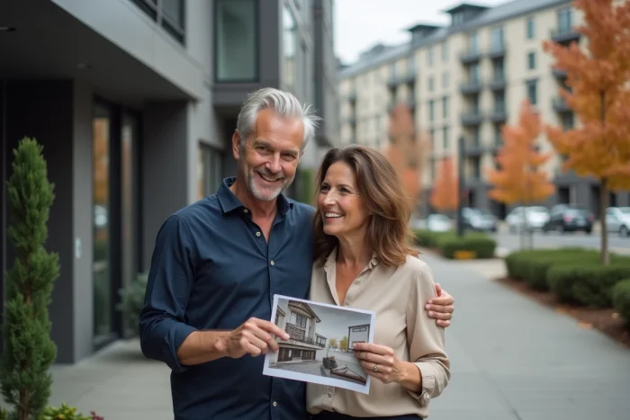 Couple visitant un bien immobilier trouvé grâce à un portail spécialisé dans une rue urbaine