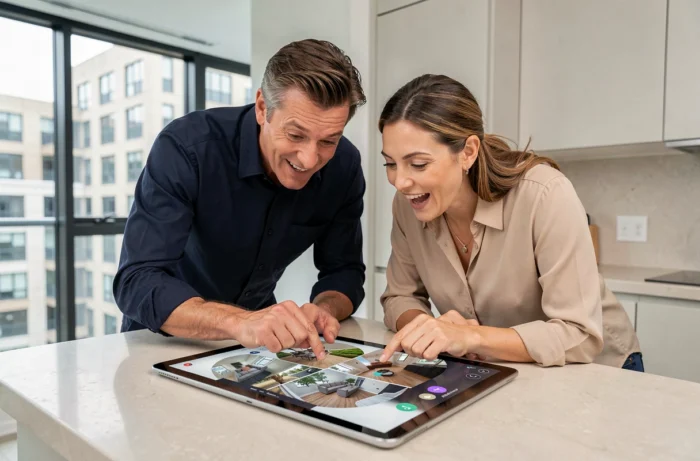 Couple consultant une visite virtuelle immobilière sur tablette dans une cuisine moderne