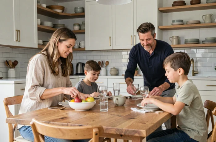 Famille réunie dans une cuisine moderne ouverte avec table en bois naturel et décoration épurée