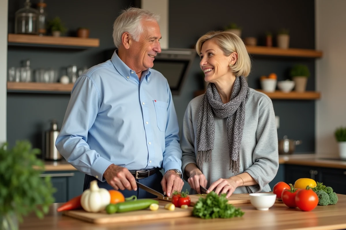 Homme et femme préparant un repas dans une cuisine moderne
