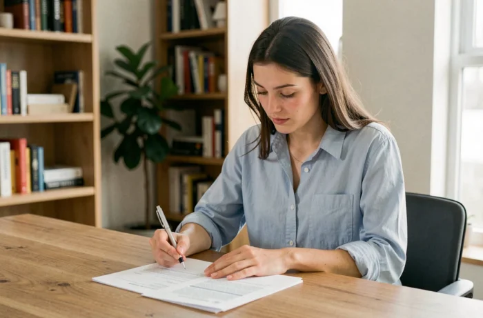 Jeune femme remplissant un dossier de demande de prime d'installation à son bureau à domicile