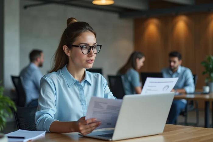 Femme consultant les démarches de mariage civil en ligne depuis un espace de travail