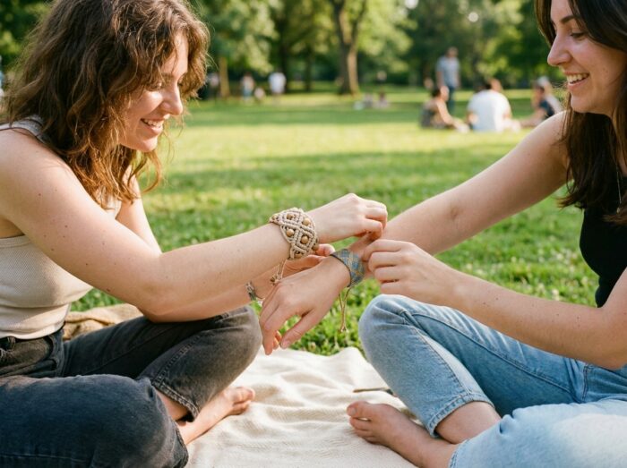 Deux femmes comparant leurs bracelets en cordon faits main lors d'un pique-nique dans un parc