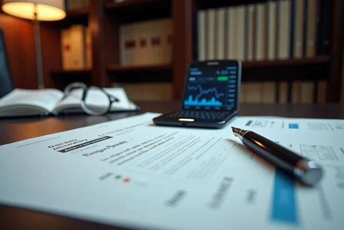 Documents financiers et certificat d'actions sur un bureau en acajou illustrant la structure actionnariale de TotalEnergies