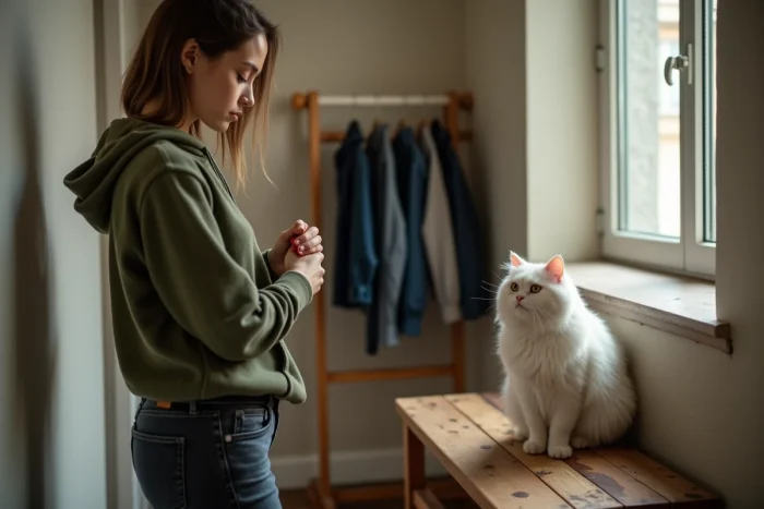 Jeune femme retirant des poils de chat de ses vêtements avec un rouleau adhésif dans un couloir d'appartement