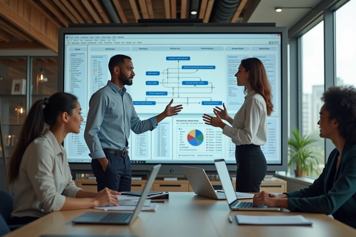 Groupe de professionnels discutant devant un grand écran interactif