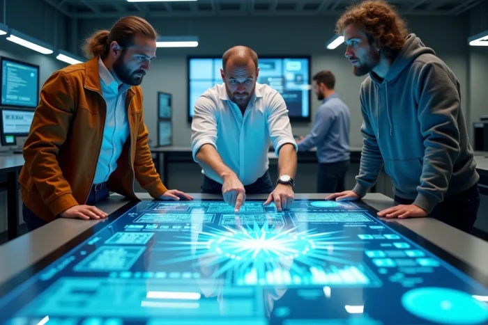 Équipe de professionnels explorant une table holographique AR dans un laboratoire de recherche technologique