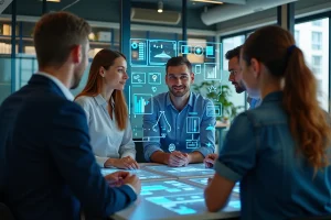 Groupe de professionnels en tech discutant autour d'un ecran interactif