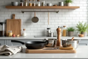 Équipement culinaire essentiel disposé sur un plan de travail en béton dans une cuisine moderne de style scandinave