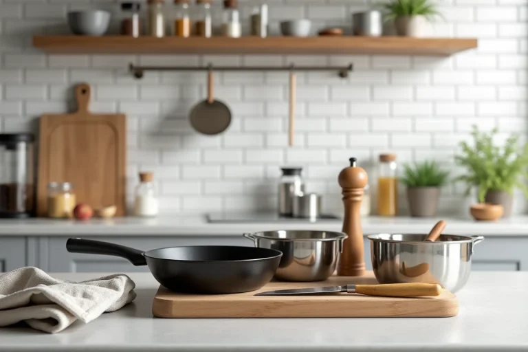 Équipement culinaire essentiel disposé sur un plan de travail en béton dans une cuisine moderne de style scandinave